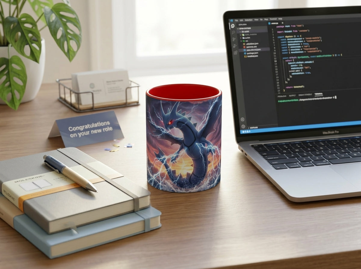 A beautifully styled modern professional desk setup featuring the blue color accent mug