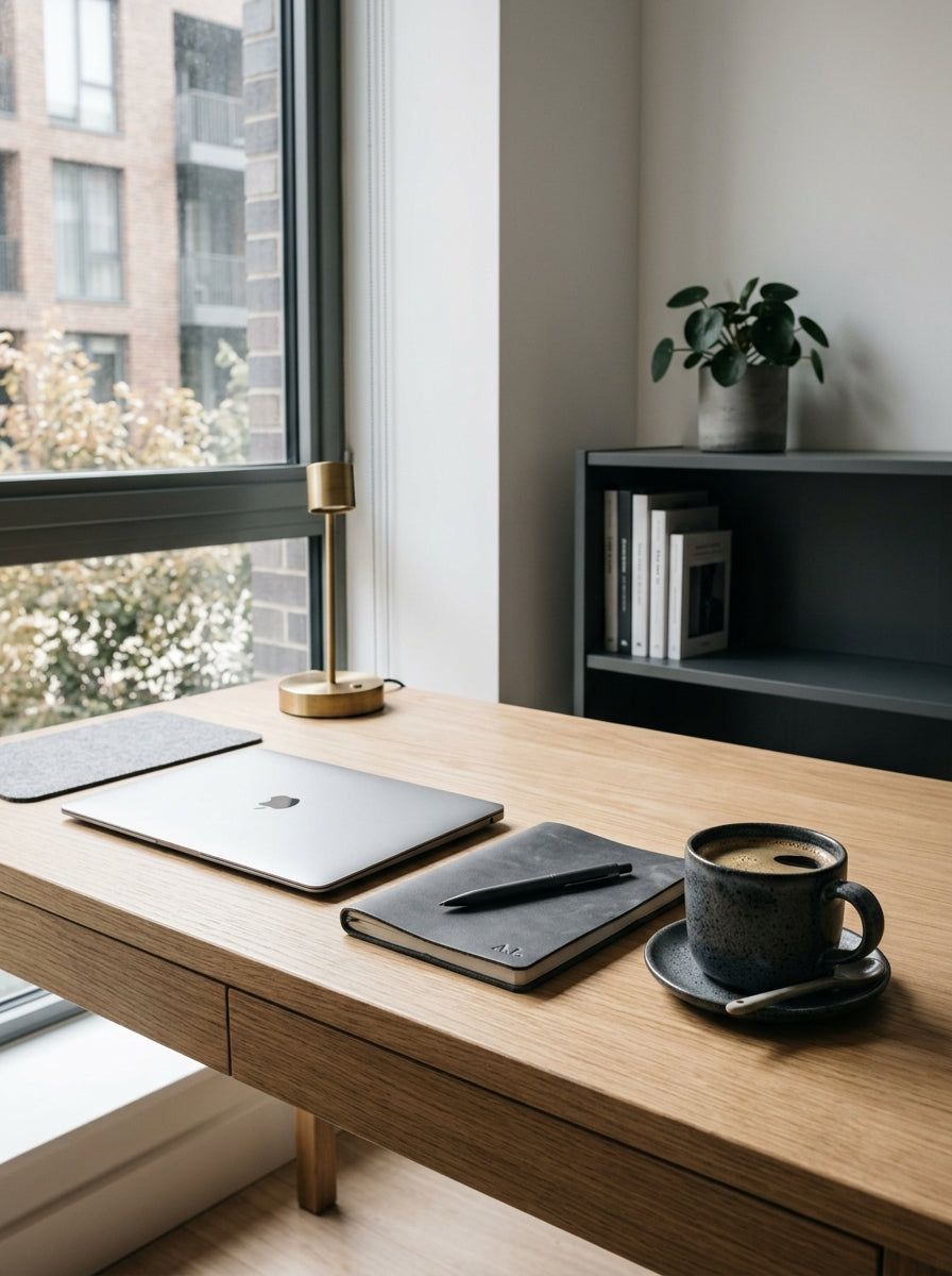 Sophisticated modern workspace with an artisan mug